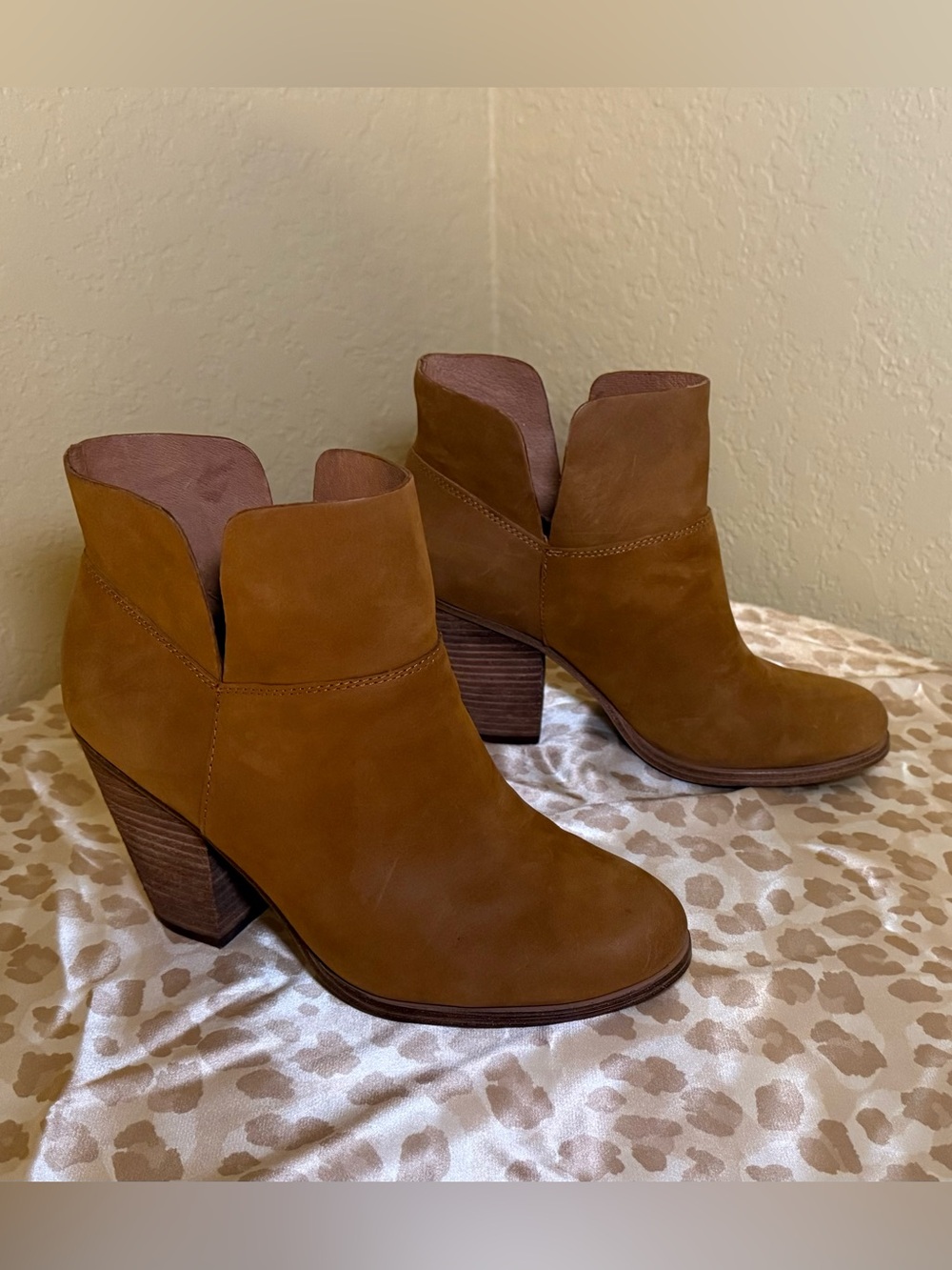 Vince Camuto Tan Suede Ankle Booties with Stacked Heel